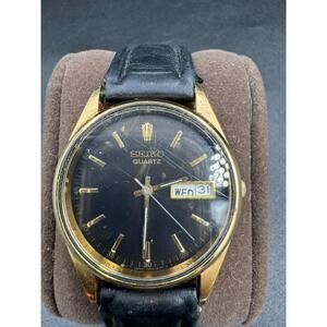 Seiko Quartz Vintage Black Dial Gold Tone Case 34mm 7N43-8128 - Needs Servicing